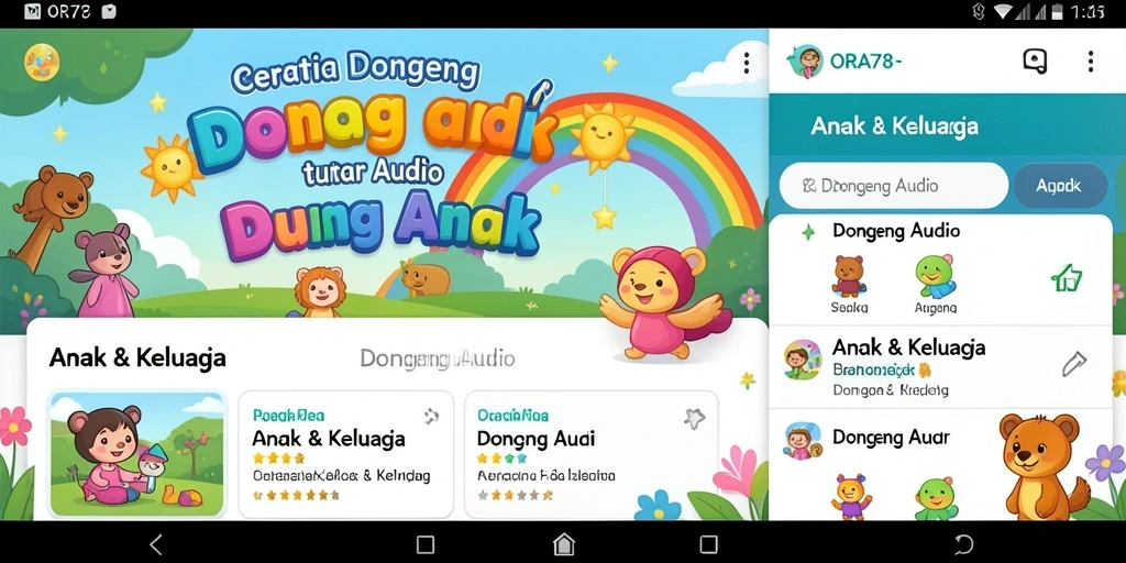 Tampilan antarmuka aplikasi Dongeng Audio yang ramah anak.